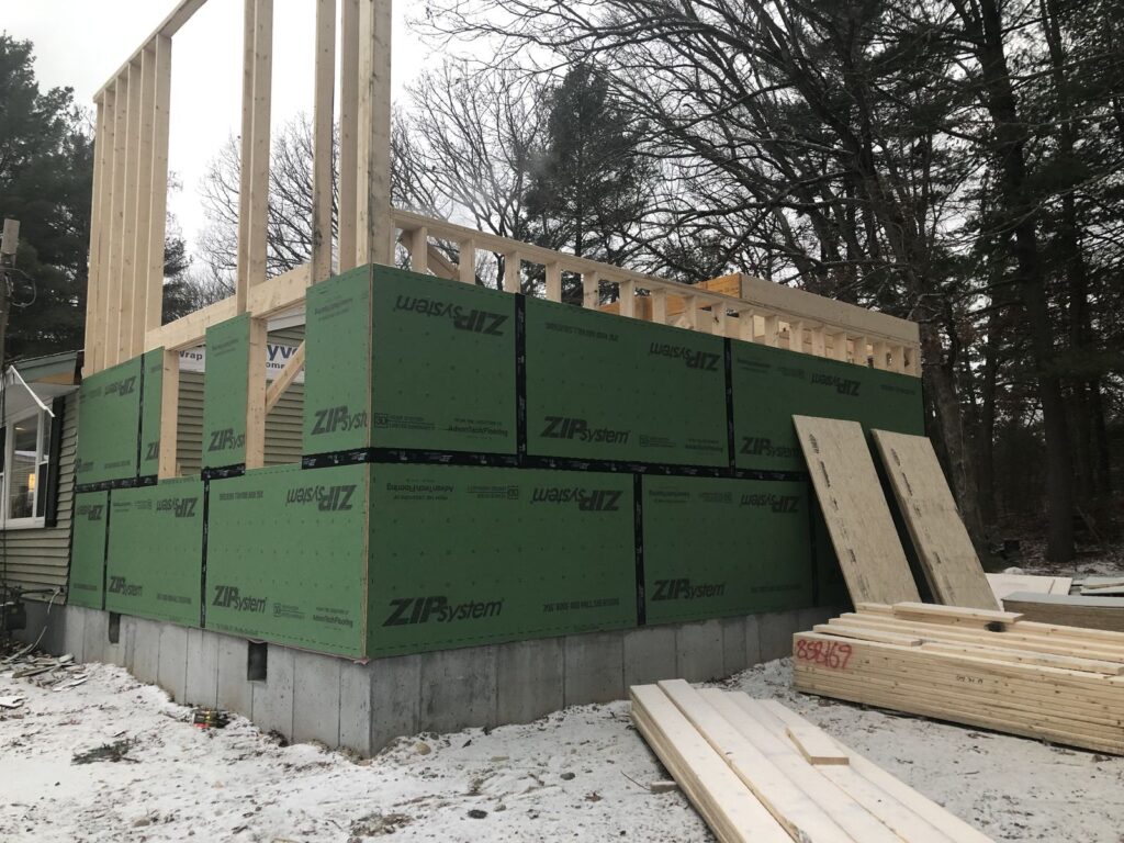 Sheathed first-floor framing on the Bellingham, MA addition