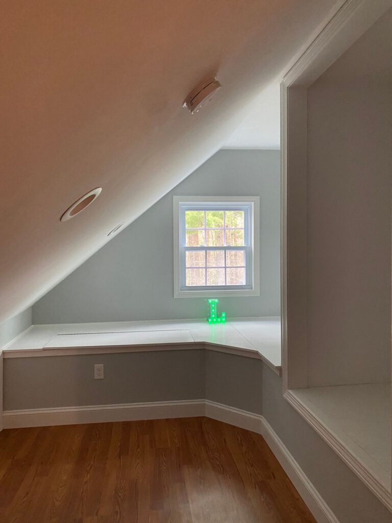 Finished attic room with dormer window in Canton, MA