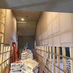 Blueboard hung on interior walls and ceiling